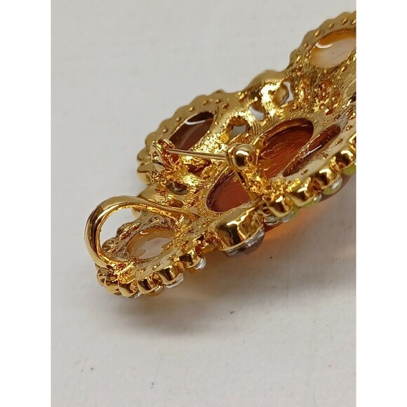 Butterscotch Amber Cream Lucite Cabochon Multicolor Rhinestone Brooch Pendant - Picture 4 of 8